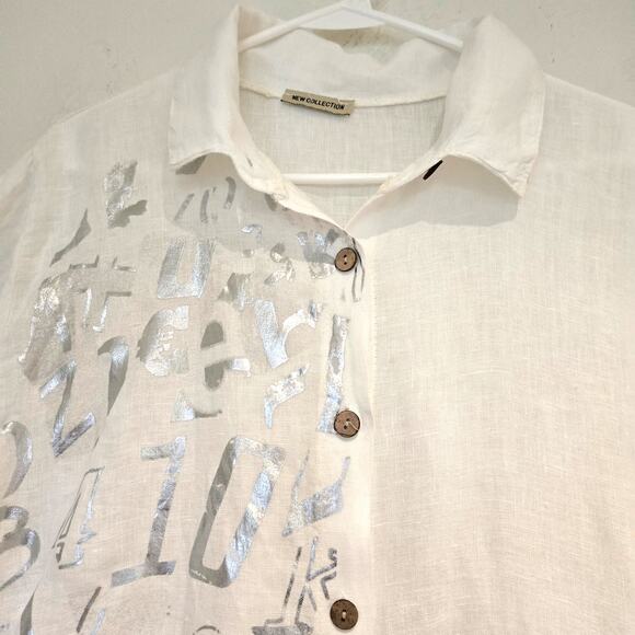 Made in Italy New Collection White Silver Graffiti Linen Button-up Shirt Dress - Picture 3 of 10